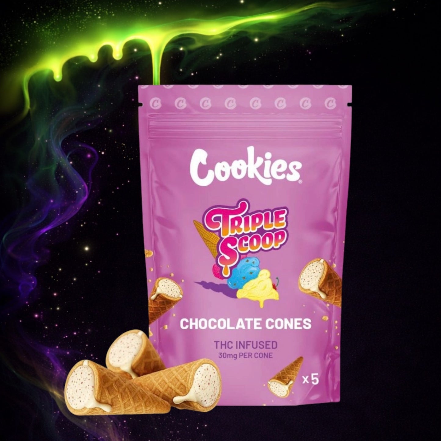đ CHOCOLATE CONES TRIPLE SCOOP THC INFUSED 30MG COOKIES (x5)